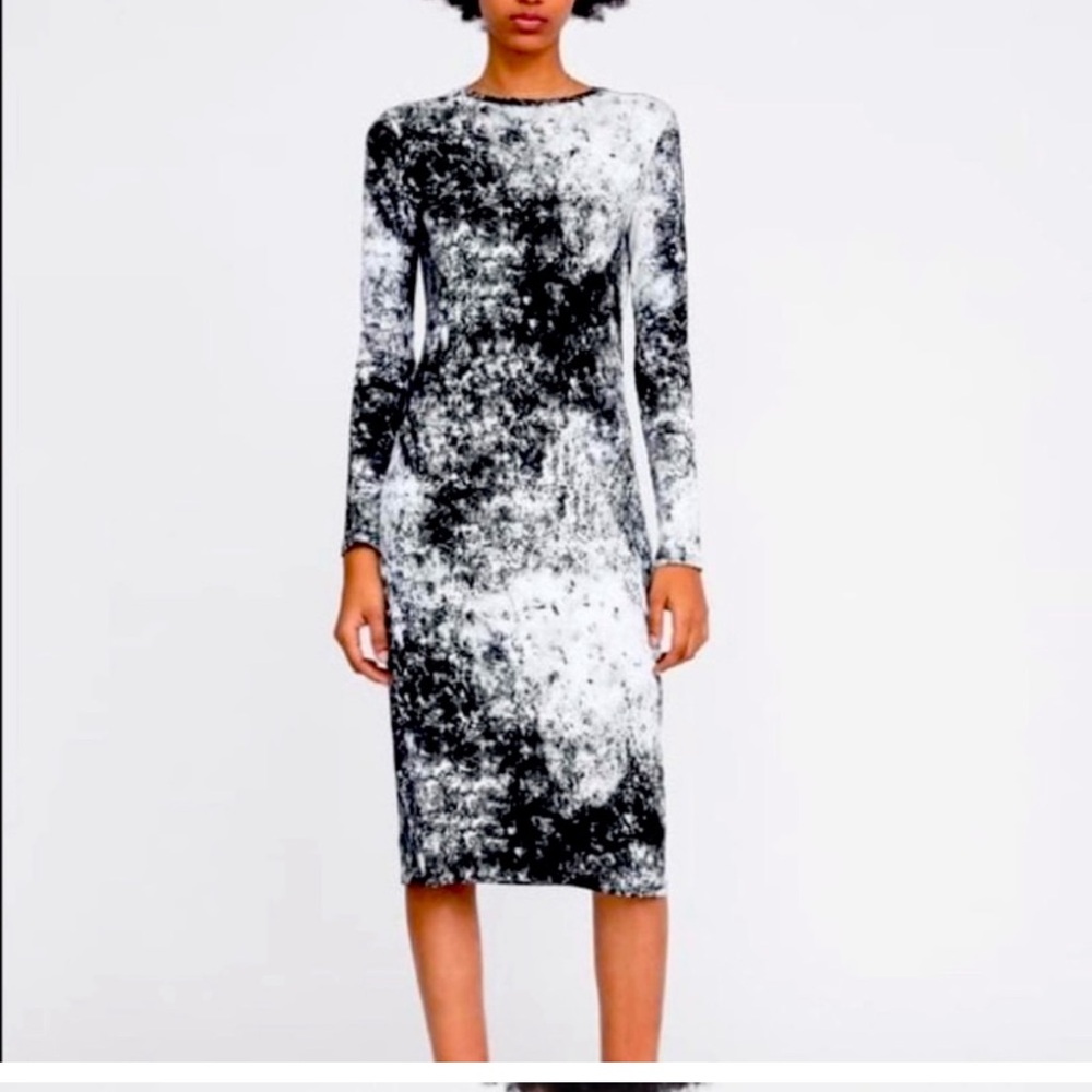 Zara Black & White Abstract Print Long Sleeve Midi Dress Size M